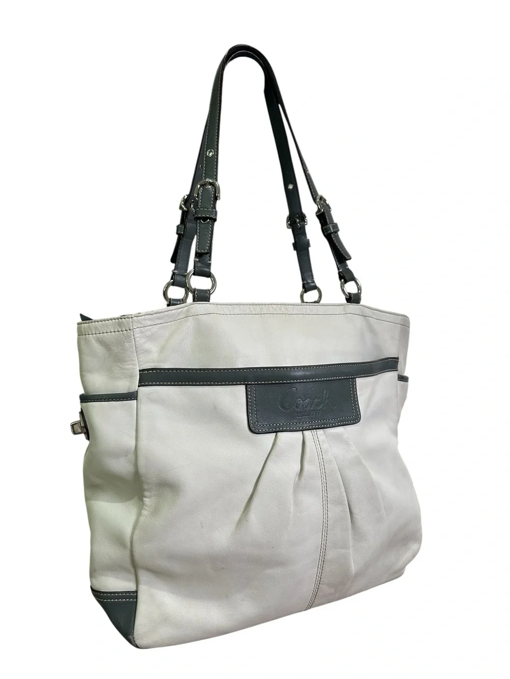 Coach Y2K Off-White/Ivory & Gray Soho Large Pleated Gallery Tote Bag
